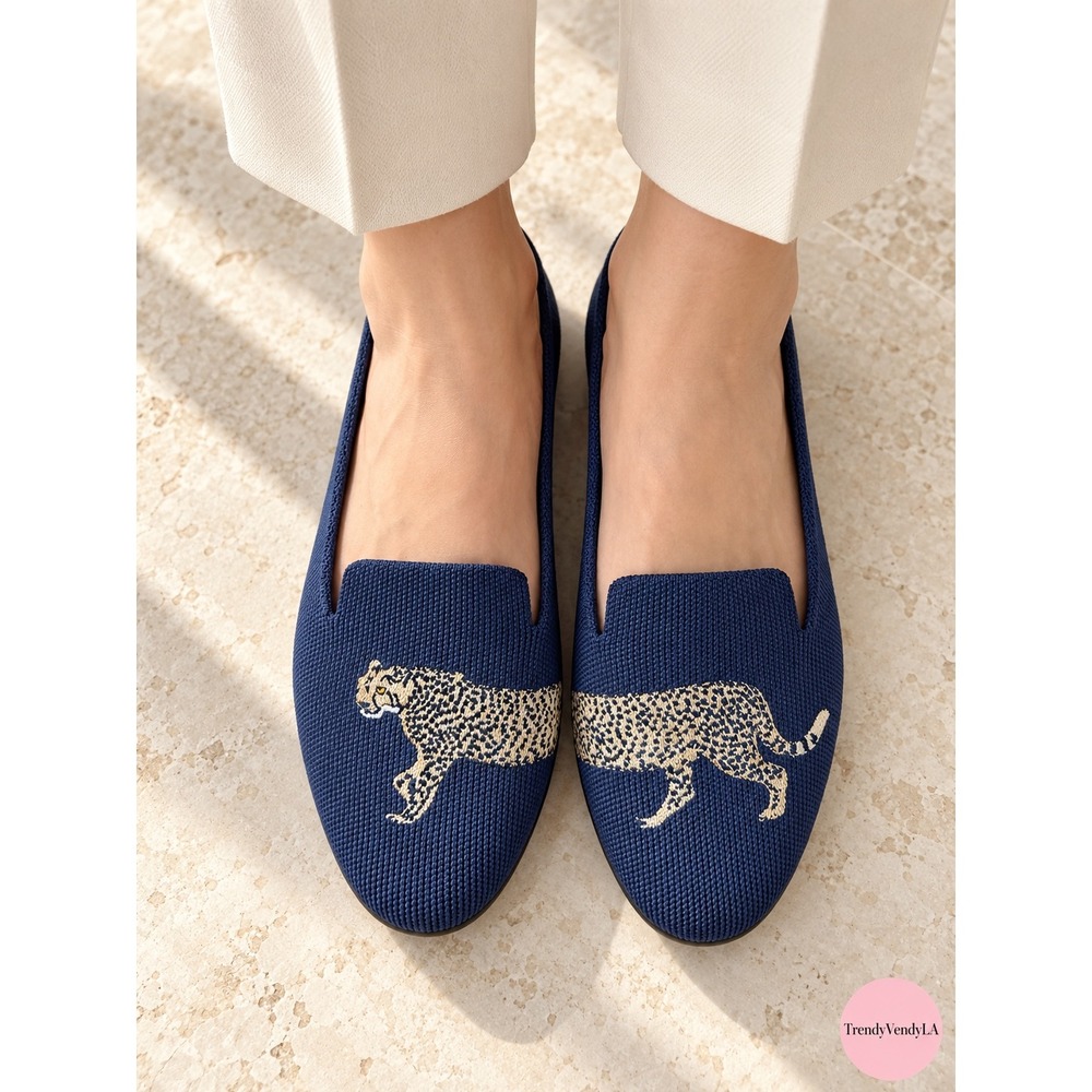 VIVAIA Navy Blue Knit Leopard Embroidery Loafers Flats Size 39